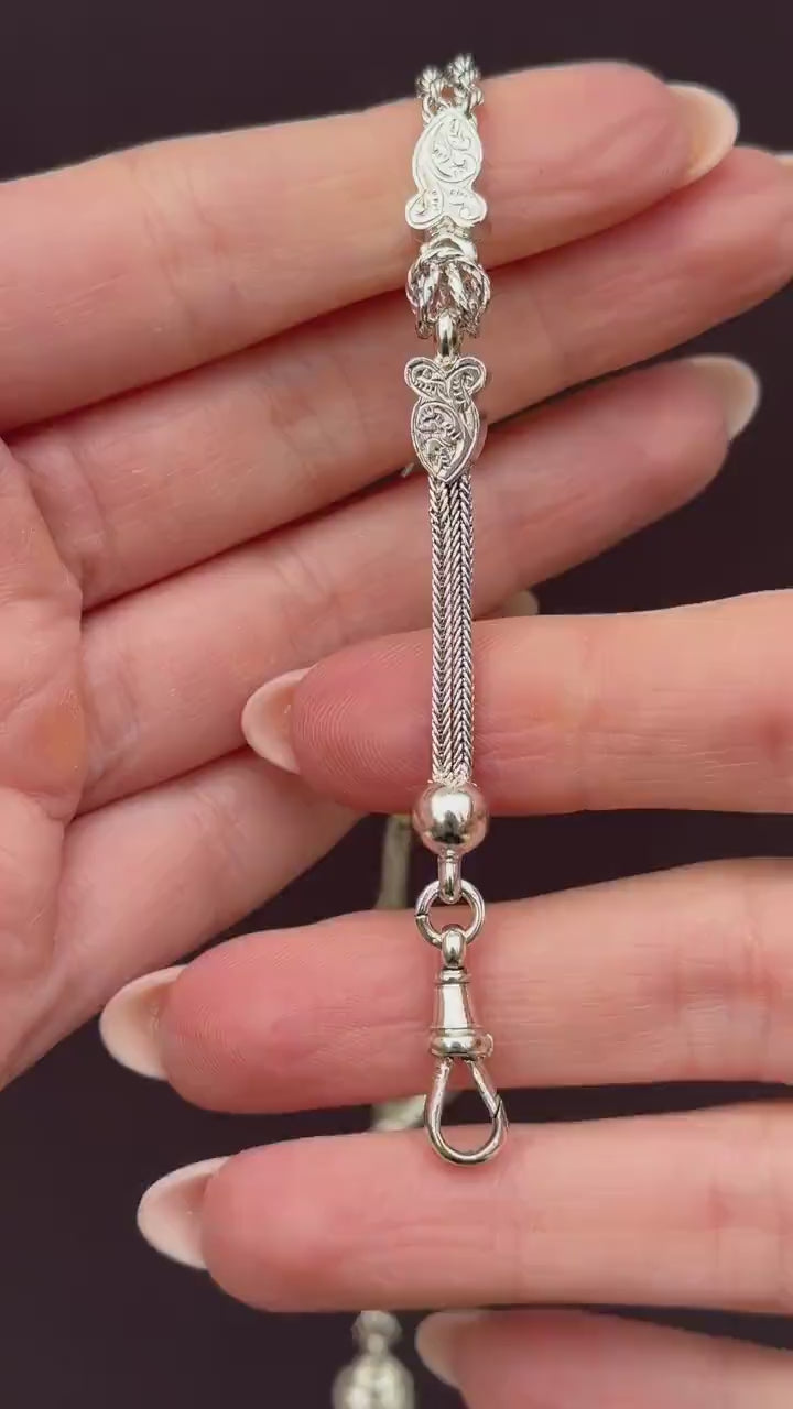 Antique Silver Double-Strand Albertina Albert Chain Bracelet with Tassel