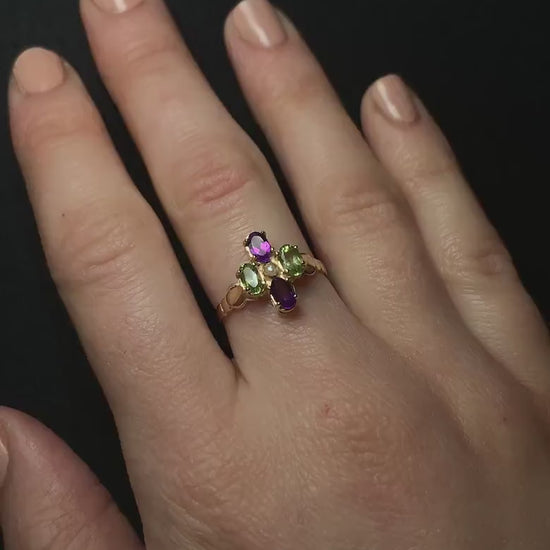 Suffragette Style Amethyst Peridot and Pearl 9ct Yellow Gold Cluster Ring | Antique Inspired