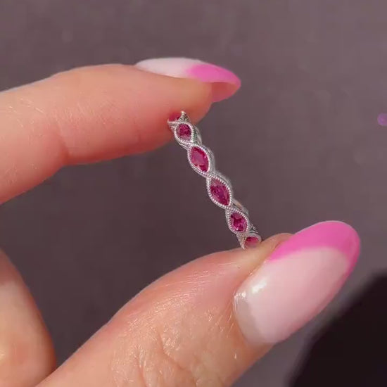 Art Deco Style 1.6ct Marquise Cut Ruby Platinum Full Eternity Wedding Band Ring