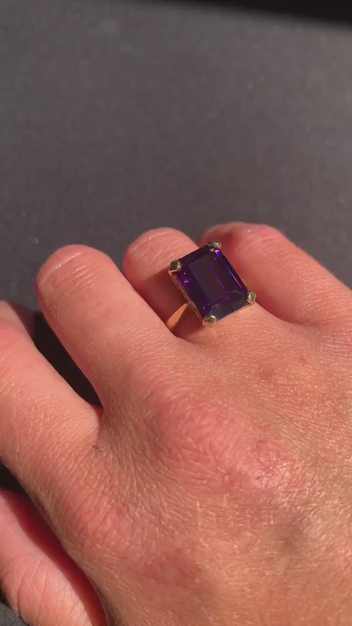 Emerald Cut Amethyst Paste Solitaire Gold on Silver Cocktail Ring