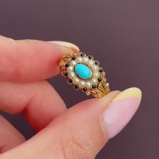Antique '1824' Georgian Turquoise and Pearl 18ct Gold Mourning Ring