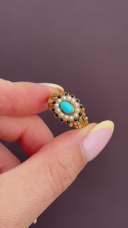 Antique '1824' Georgian Turquoise and Pearl 18ct Gold Mourning Ring