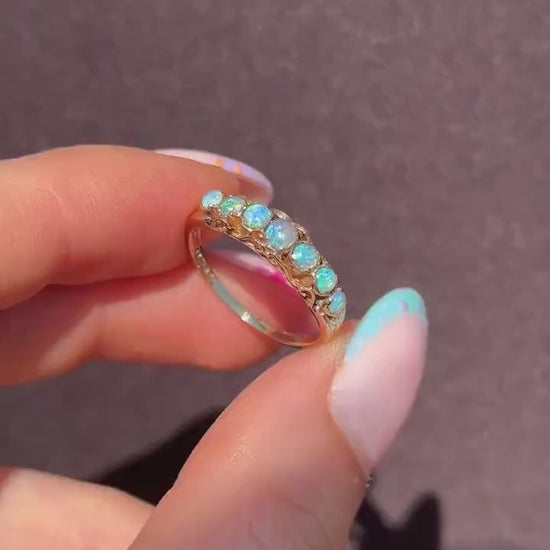 Vintage Opal Seven Stone 9ct Gold Band Ring | Dated 1979