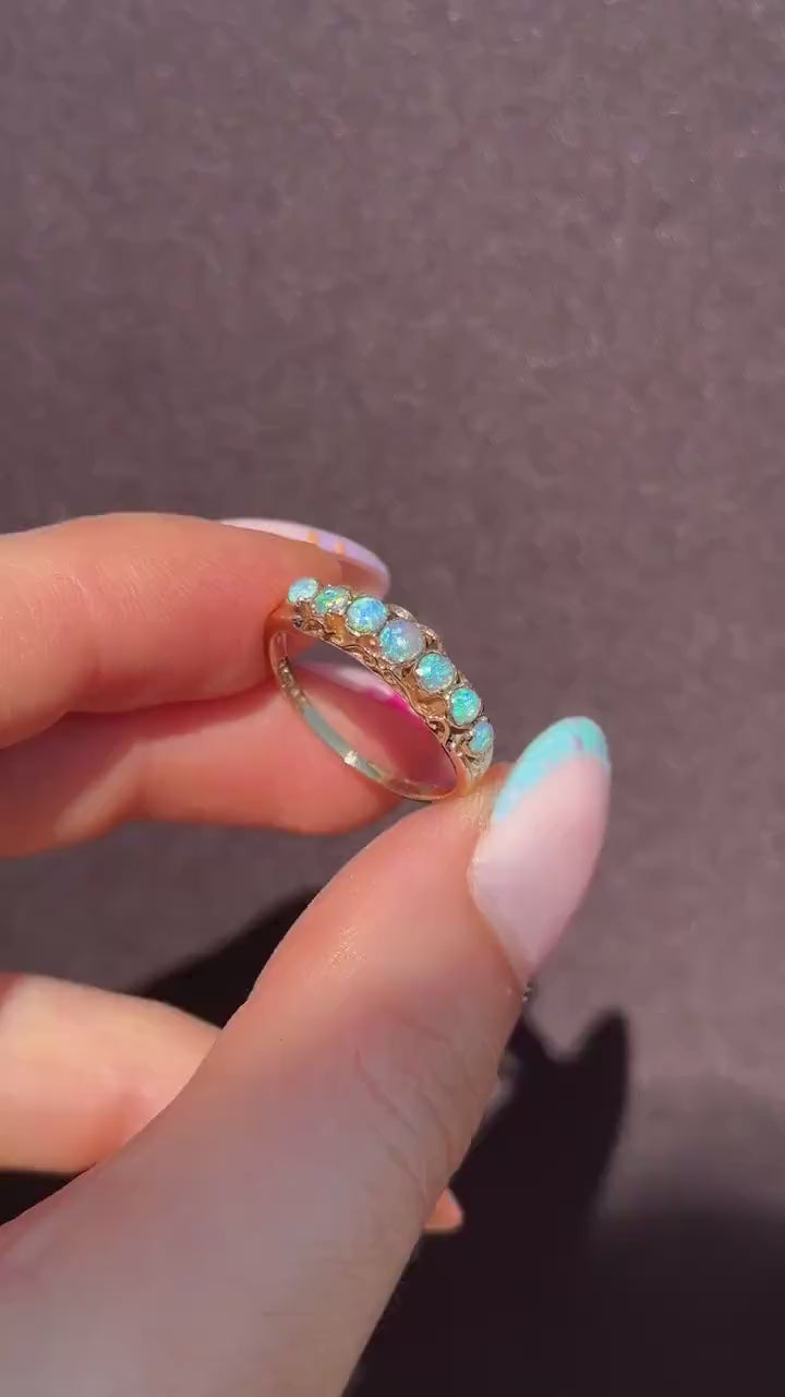 Vintage Opal Seven Stone 9ct Gold Band Ring | Dated 1979