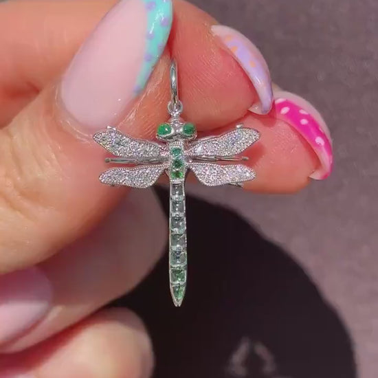 Emerald and Diamond Platinum Dragonfly Insect Pendant