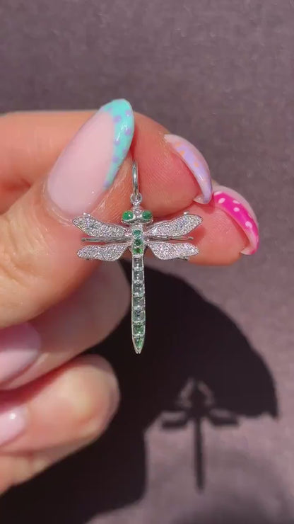 Emerald and Diamond Platinum Dragonfly Insect Pendant
