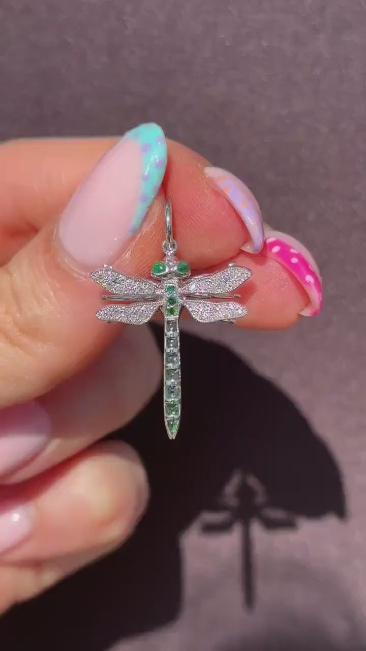 Emerald and Diamond Platinum Dragonfly Insect Pendant