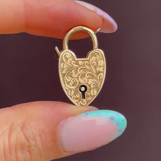 Antique '1903' 9ct Gold Engraved Opening Heart Padlock Charm Pendant