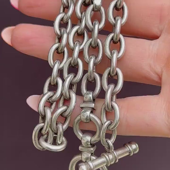 Vintage Heavy Silver Oval Link Toggle Chain Necklace 17.5" Length