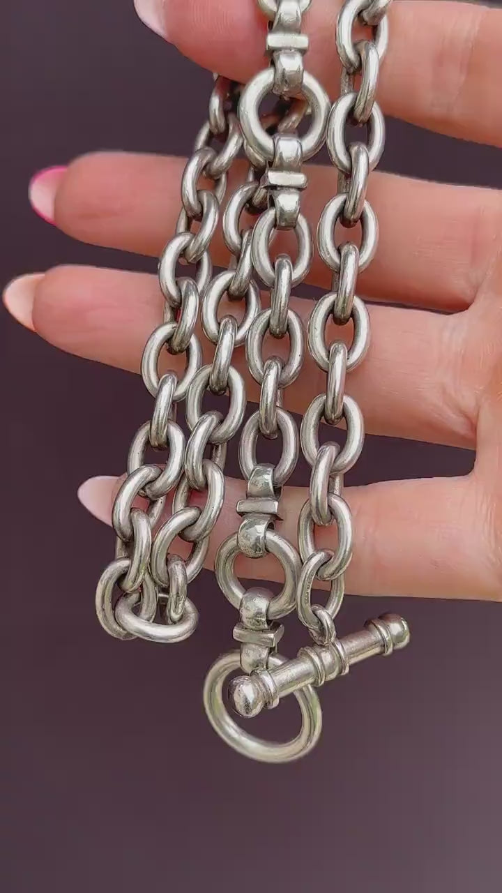 Vintage Heavy Silver Oval Link Toggle Chain Necklace 17.5" Length