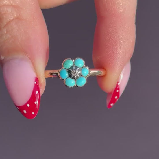 Antique Turquoise and Diamond 'Forget Me Not' Flower Cluster 15ct Gold Ring