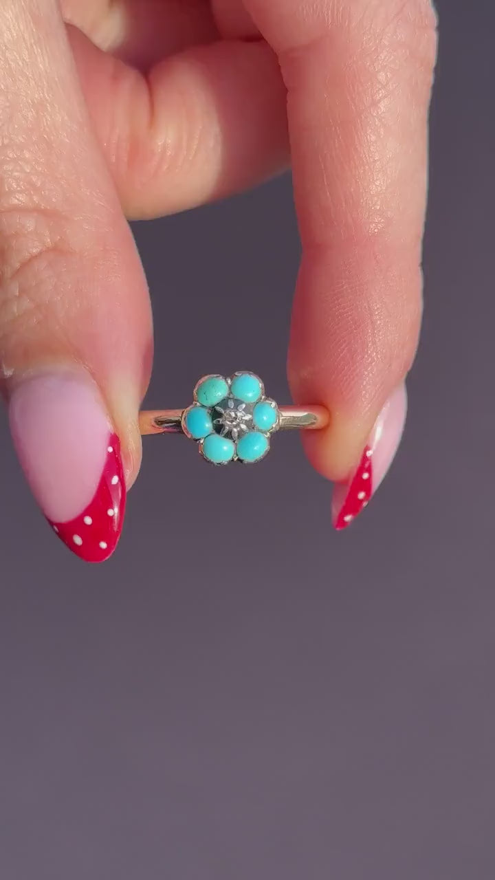 Antique Turquoise and Diamond 'Forget Me Not' Flower Cluster 15ct Gold Ring