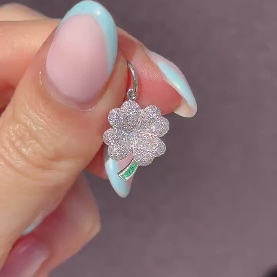 Diamond and Emerald Four Leaf Clover Platinum Charm Pendant
