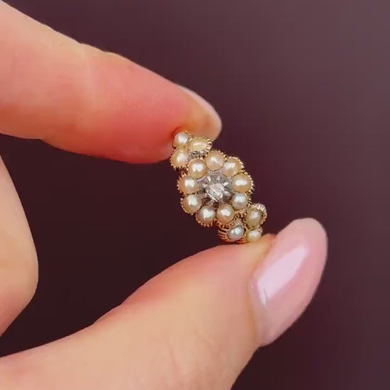 Antique Georgian Pearl and Rose Cut Diamond 15ct Gold Ring