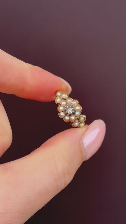 Antique Georgian Pearl and Rose Cut Diamond 15ct Gold Ring