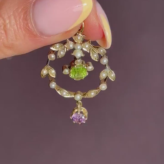 Antique Edwardian Amethyst Peridot and Pearl Lavalier 15ct Gold Pendant | Suffragette