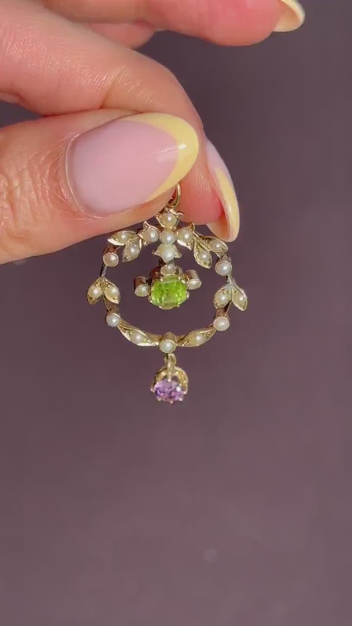 Antique Edwardian Amethyst Peridot and Pearl Lavalier 15ct Gold Pendant | Suffragette