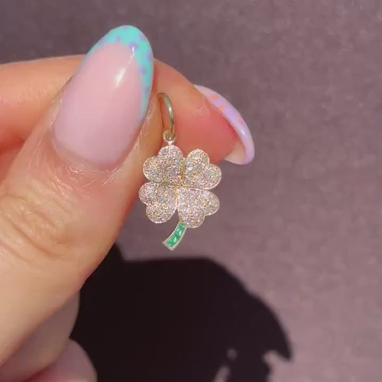 Diamond and Emerald Four-Leaf Clover 18ct Gold Charm Pendant
