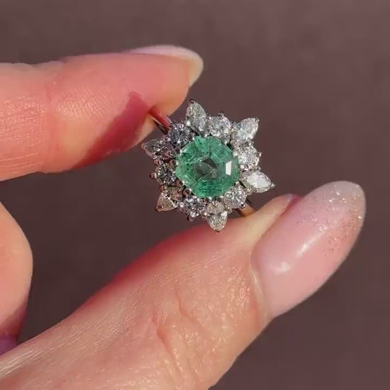 Vintage 1.30ct Natural Emerald and Diamond Snowflake Cluster Gold Ring