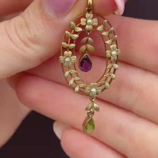 Antique Edwardian Amethyst Peridot and Pearl Gold Pendant | Suffragette