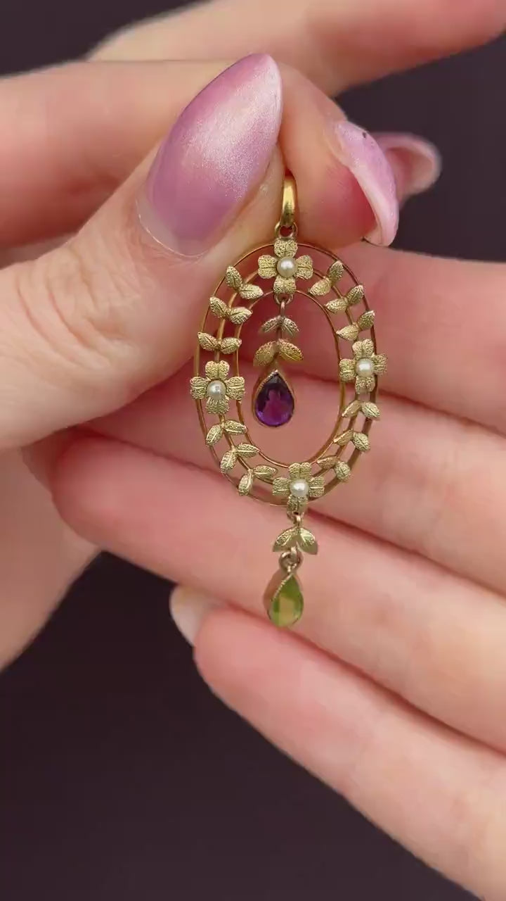 Antique Edwardian Amethyst Peridot and Pearl Gold Pendant | Suffragette