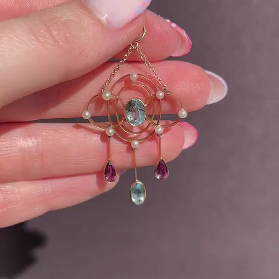 Antique Aquamarine and Tourmaline Lavalier 15ct Gold Pendant