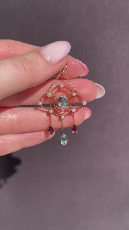 Antique Aquamarine and Tourmaline Lavalier 15ct Gold Pendant