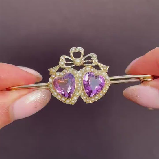 Antique Amethyst Pearl Double Heart and Bow 9ct Gold Brooch Pin