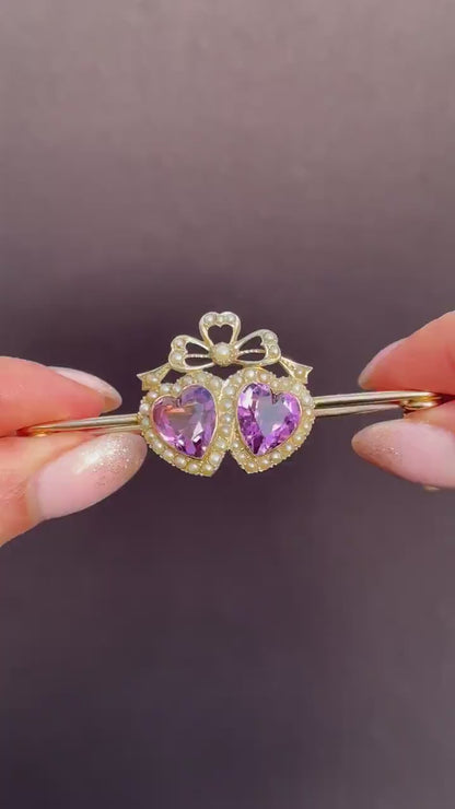 Antique Amethyst Pearl Double Heart and Bow 9ct Gold Brooch Pin