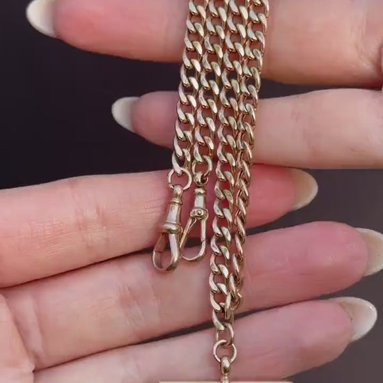 Vintage 18.75" 9ct Rose Gold Curb Link Double Albert Watch Chain Necklace