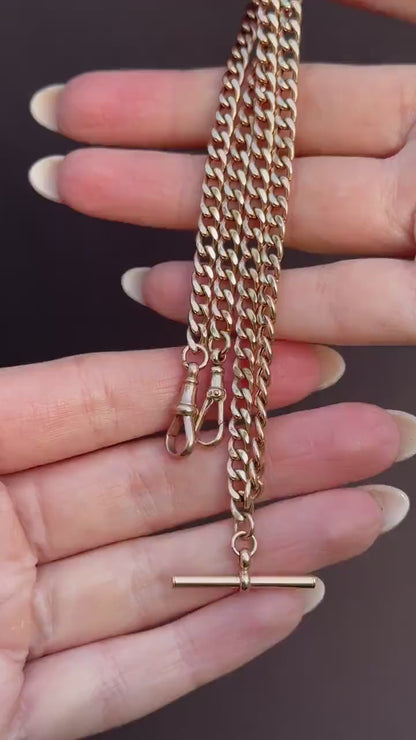 Vintage 18.75" 9ct Rose Gold Curb Link Double Albert Watch Chain Necklace