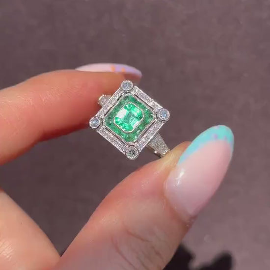Art Deco Style Natural Emerald and Diamond Platinum Cocktail Ring