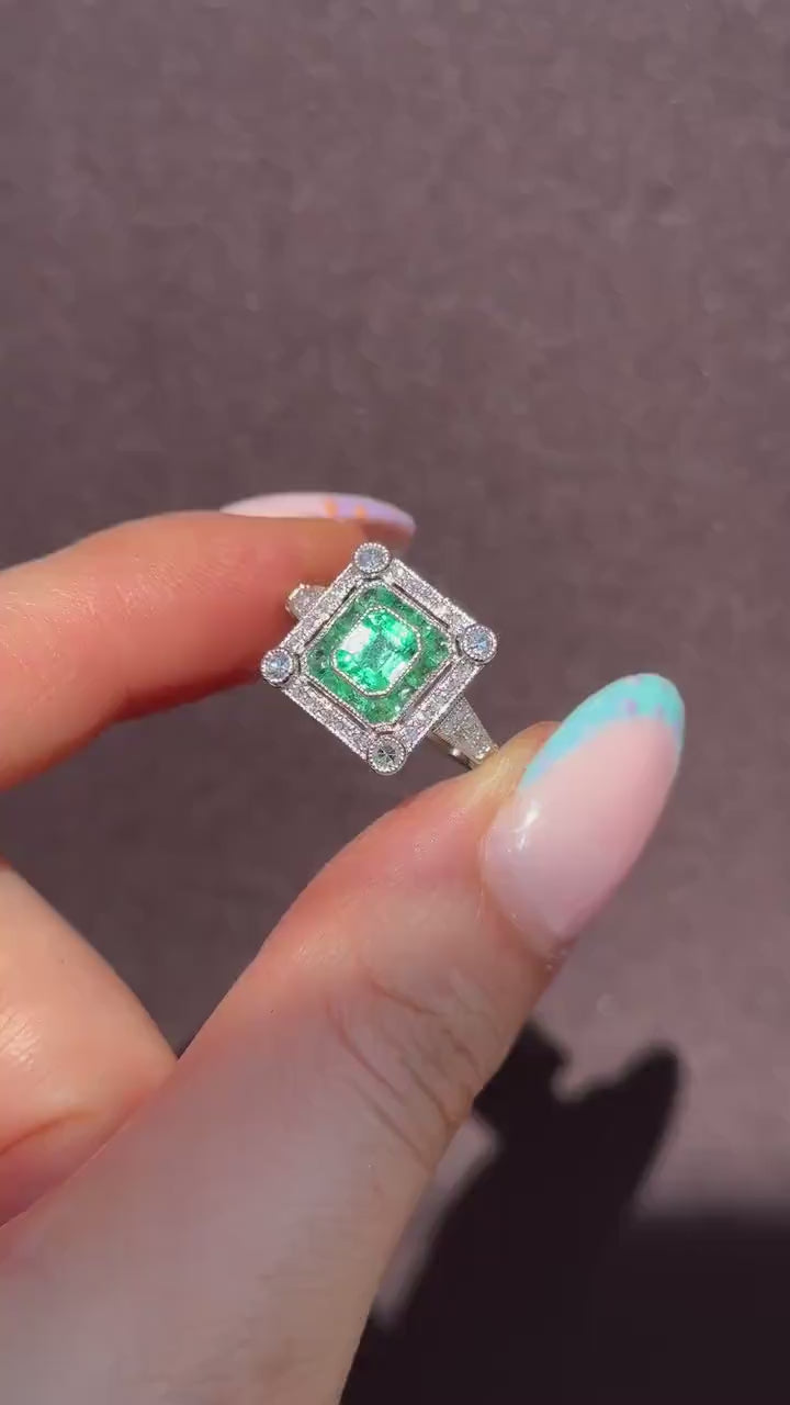 Art Deco Style Natural Emerald and Diamond Platinum Cocktail Ring