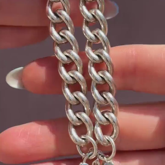 Vintage Heavy Chunky Heart Padlock Sterling Silver Curb Bracelet 7"