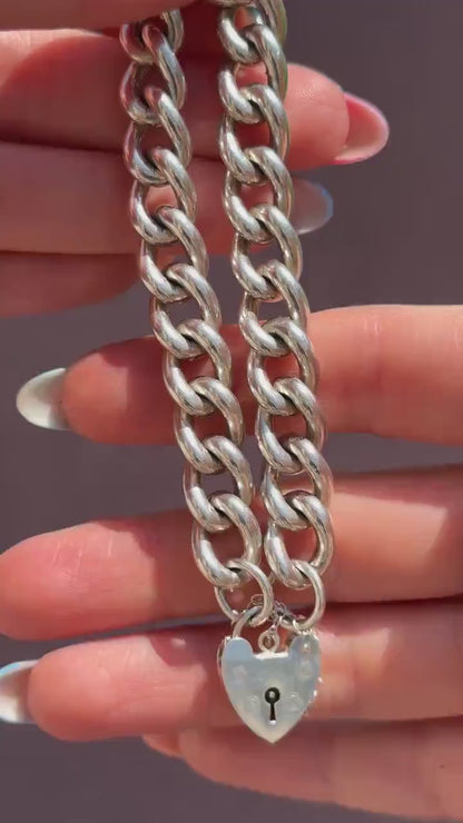 Vintage Heavy Chunky Heart Padlock Sterling Silver Curb Bracelet 7"