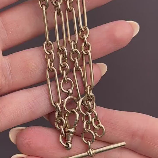 Art Deco '1929' 9ct Gold Trombone Paperlink Link Albert Watch Chain Necklace | 14.75"