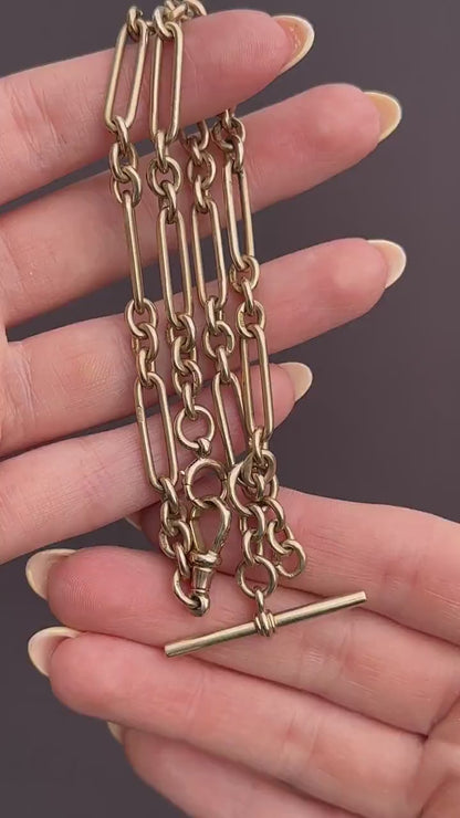 Art Deco '1929' 9ct Gold Trombone Paperlink Link Albert Watch Chain Necklace | 14.75"