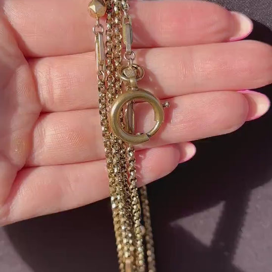 Antique Rolled Gold Fancy Guard Muff Chain Necklace with Large Bolt Ring | 49"