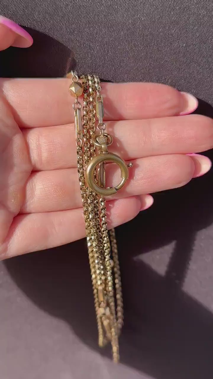Antique Rolled Gold Fancy Guard Muff Chain Necklace with Large Bolt Ring | 49"