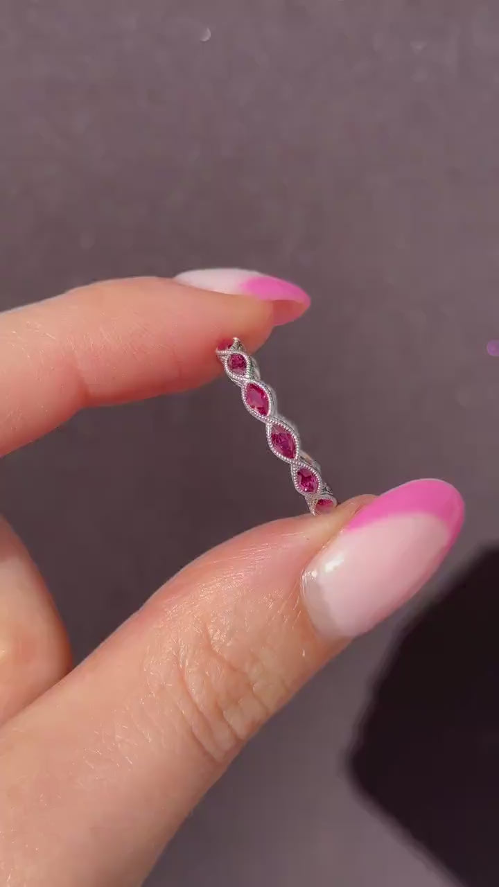 Art Deco Style 1.6ct Marquise Cut Ruby Platinum Full Eternity Wedding Band Ring