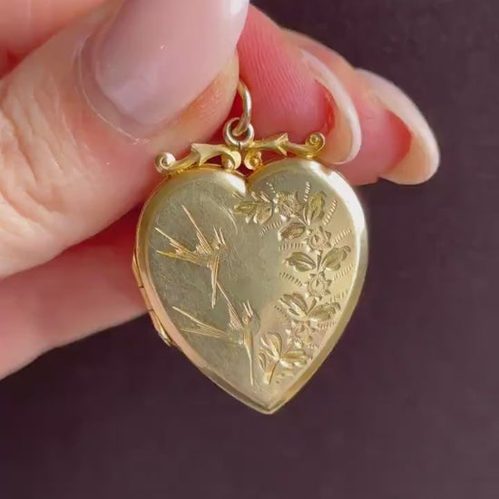Antique Aesthetic Swallow Bird Floral 9ct Gold Heart Locket Pendant | Dated 1916