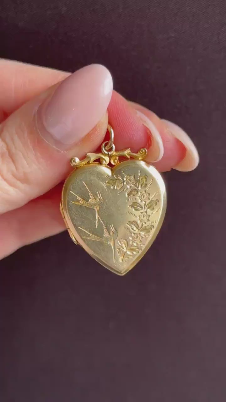 Antique Aesthetic Swallow Bird Floral 9ct Gold Heart Locket Pendant | Dated 1916