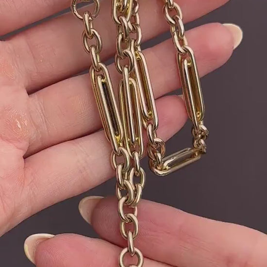 Vintage 10ct Yellow Gold Trombone and Oval Link Albert Chain Necklace | 14.75"