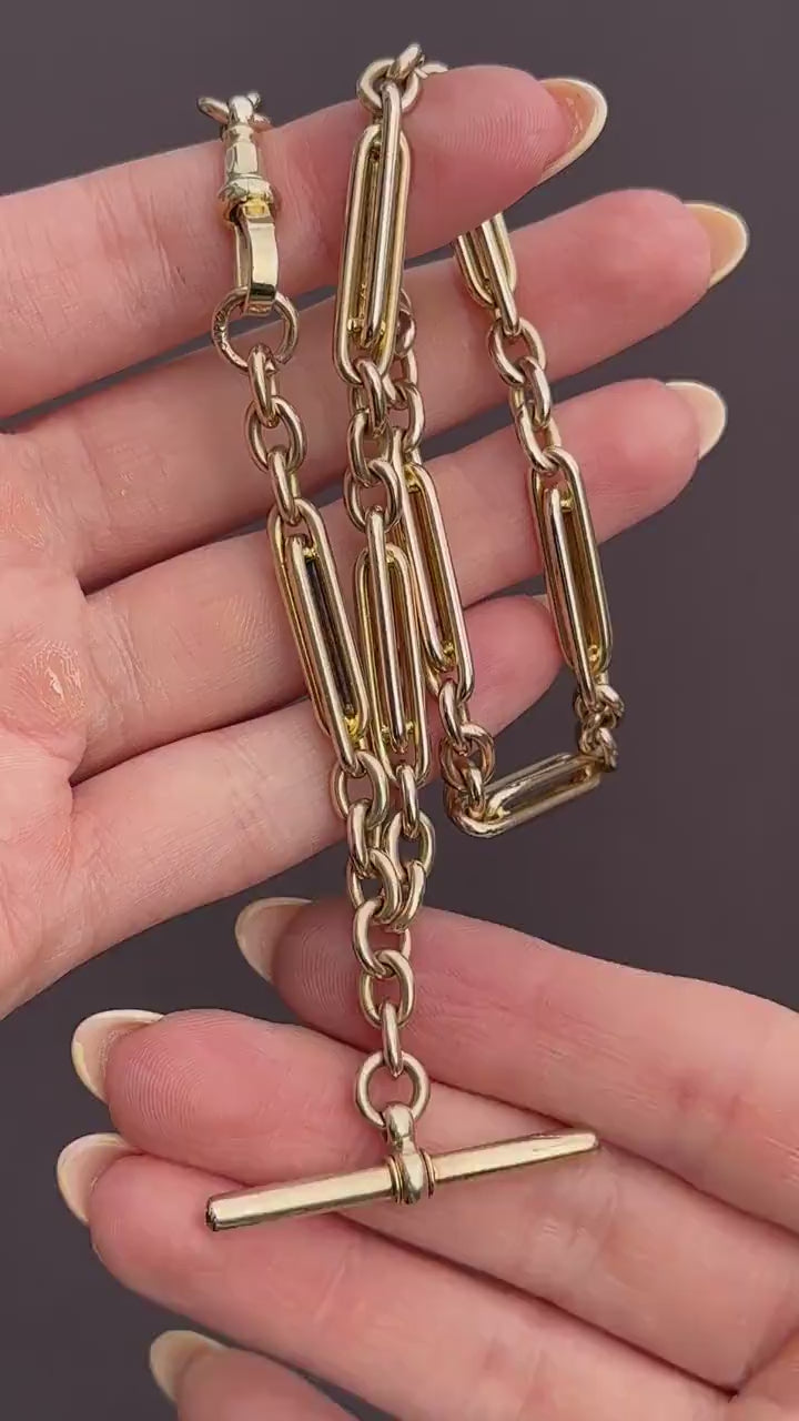 Vintage 10ct Yellow Gold Trombone and Oval Link Albert Chain Necklace | 14.75"