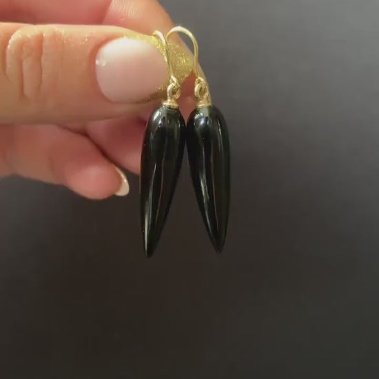 Onyx Torpedo 9ct Gold Drop Dangle Earrings