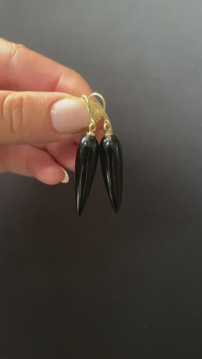 Onyx Torpedo 9ct Gold Drop Dangle Earrings