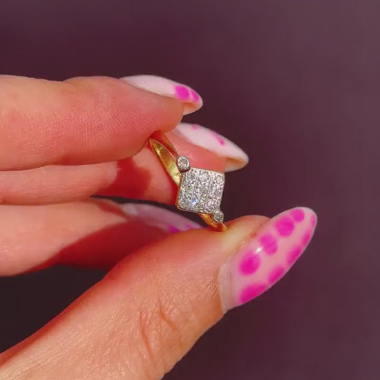 Antique Art Deco Diamond Square Cluster 18ct Yellow Gold and Platinum Ring