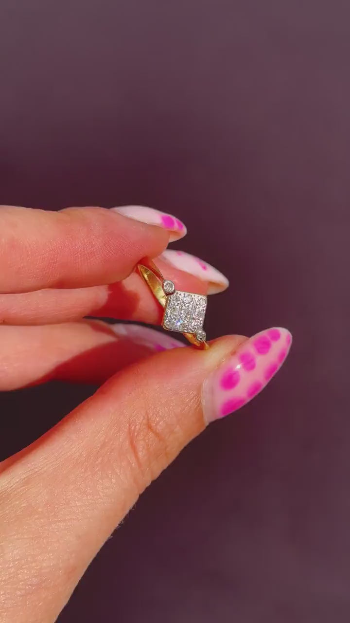Antique Art Deco Diamond Square Cluster 18ct Yellow Gold and Platinum Ring