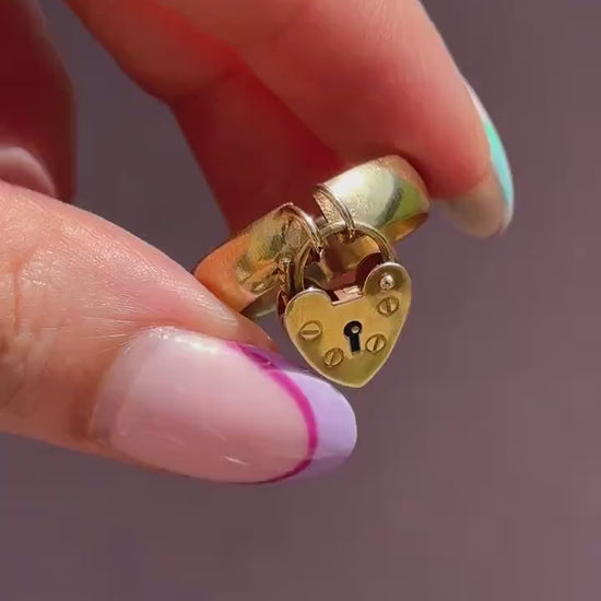 Antique Heart Padlock Drop 9ct Gold Band Ring