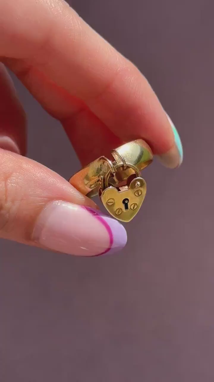 Antique Heart Padlock Drop 9ct Gold Band Ring